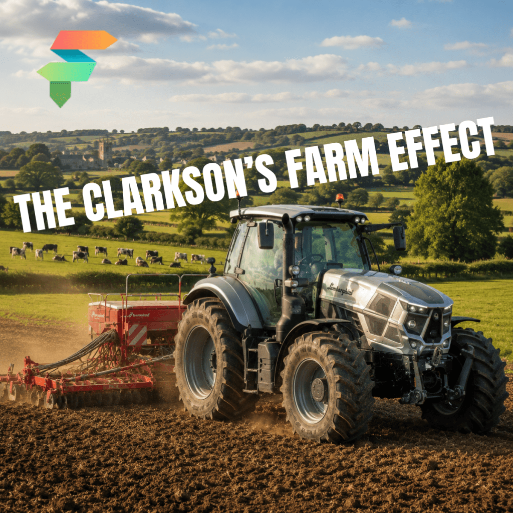 The Clarkson’s farm effect (1) Tractor working farmland with "The Clarkson’s Farm Effect" text overlay.