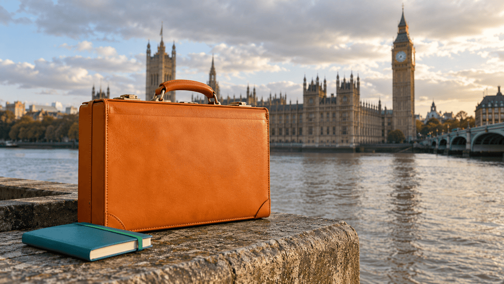 Autumn Budget Briefcase by Westminster Orange briefcase and teal notebook beside the Thames, with the Houses of Parliament in the background.