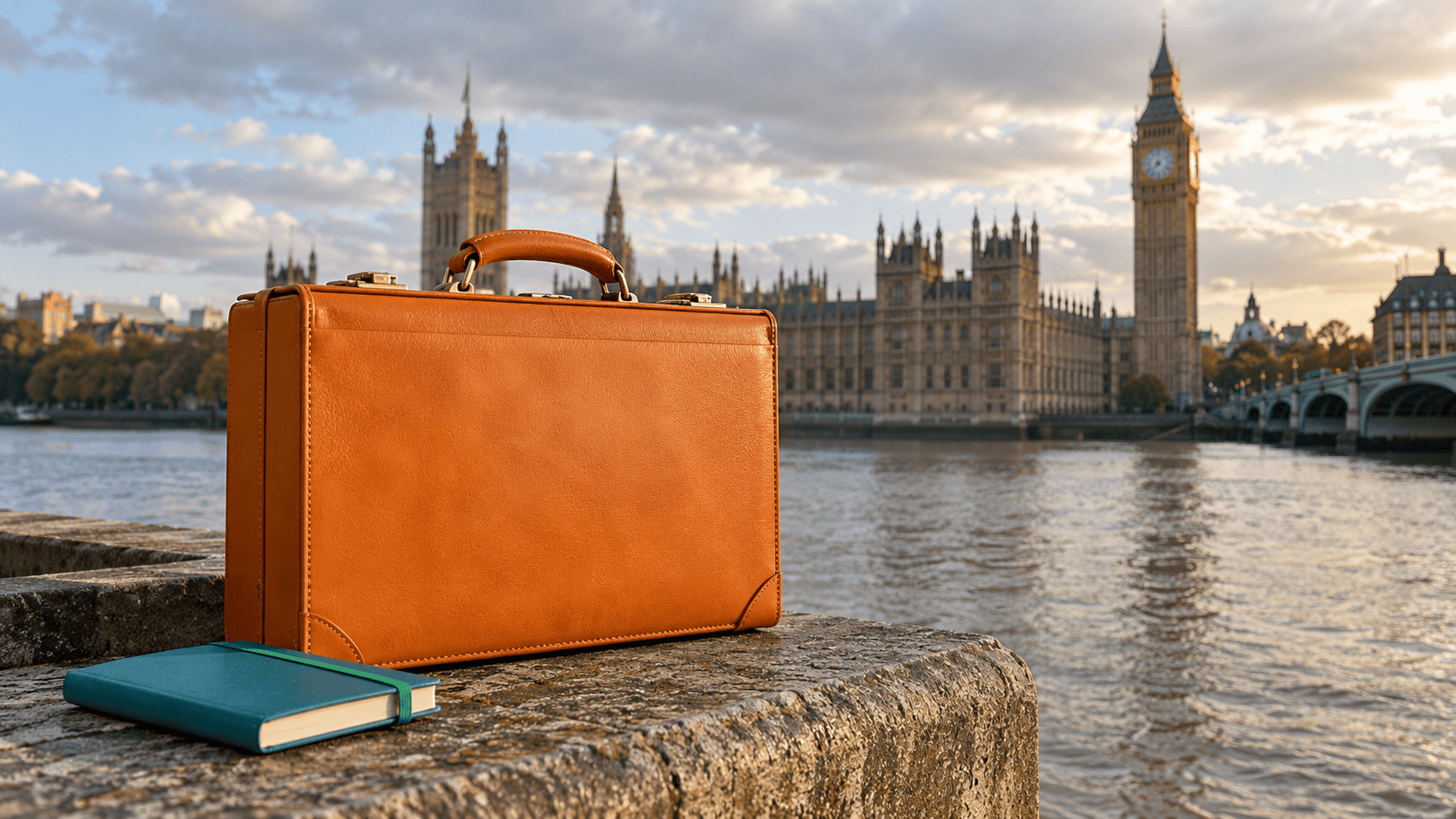 Orange briefcase and teal notebook beside the Thames, with the Houses of Parliament in the background.